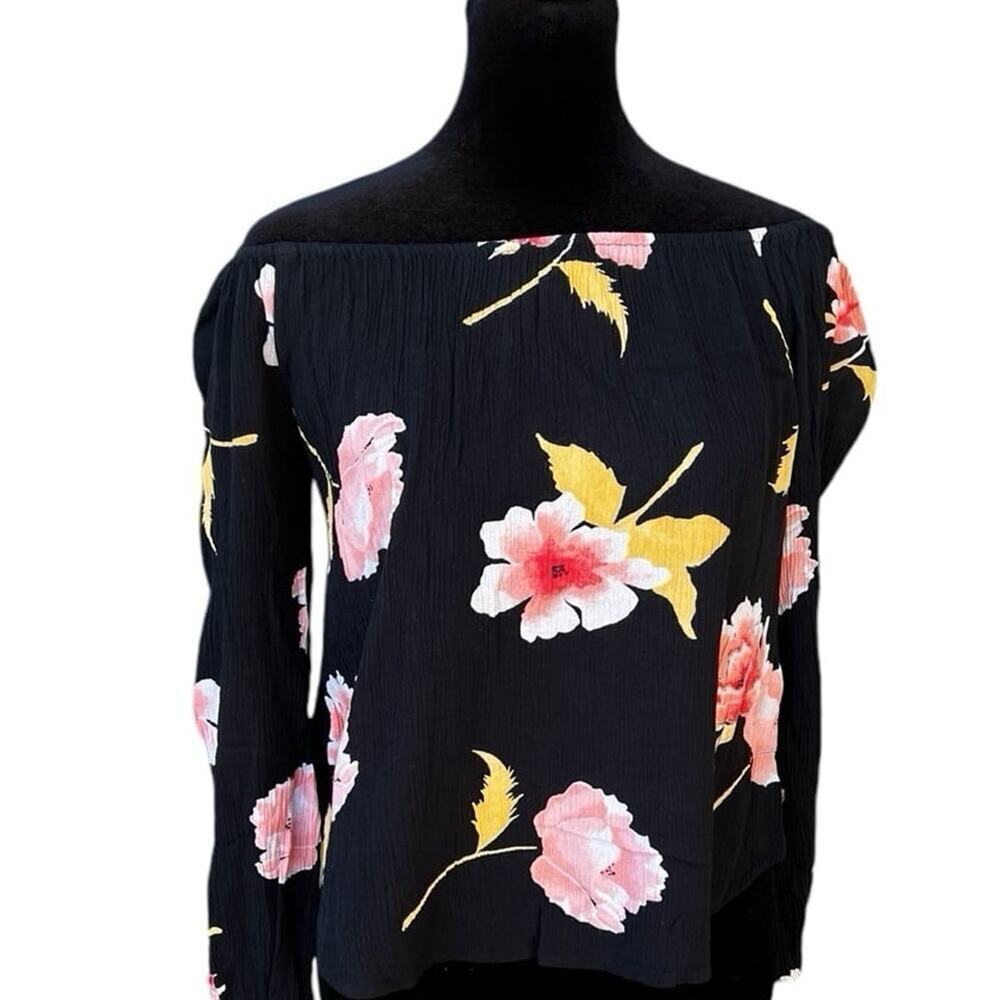 Billabong elastic neck/off the shoulder, black floral top women's size S